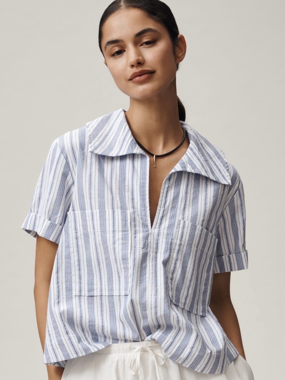 Maeve by Anthropologie Light Blue Short-Sleeve Swing Button Down Striped Top.